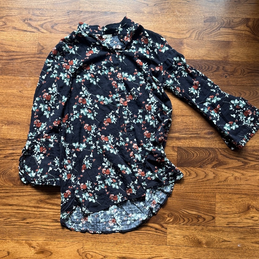 Easel Navy Floral Blouse with Red and Green Accents
